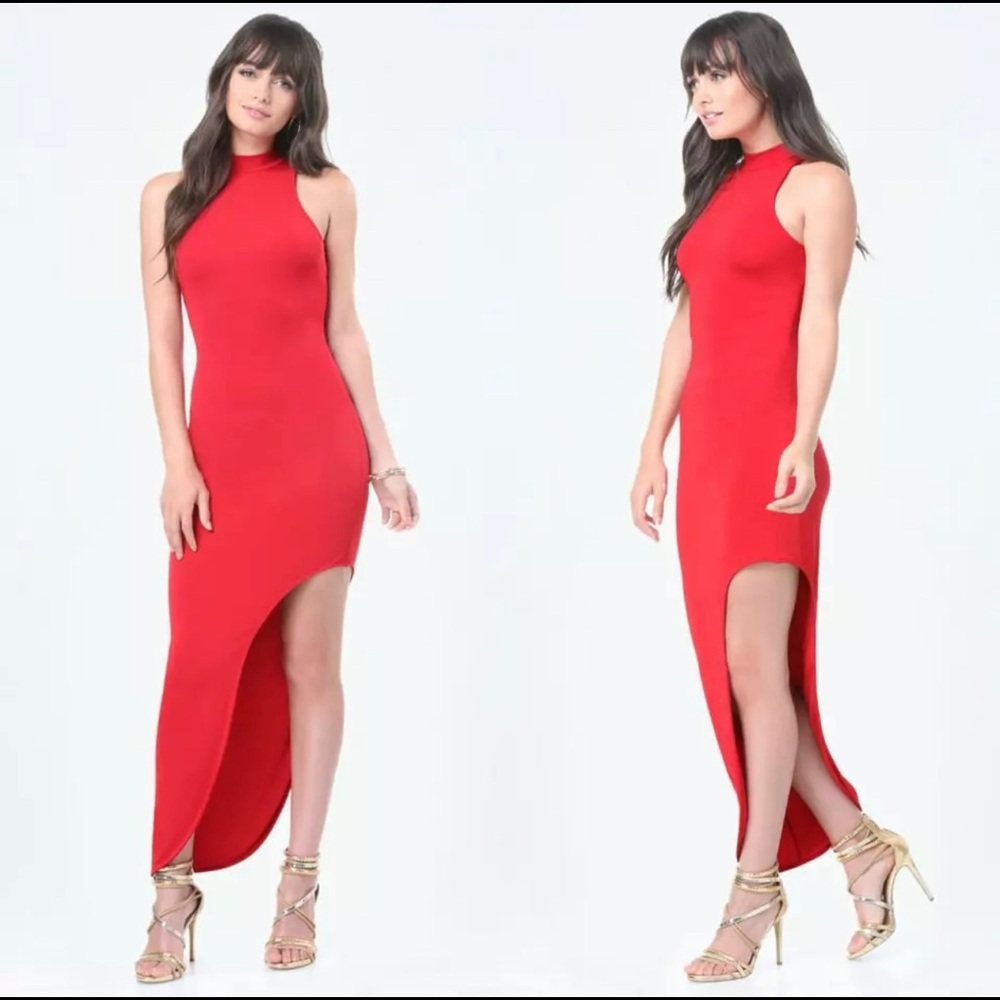 BEBE RED MOCK NECK ASYMMETRIC DRESS NEW NWT XSMALL XS
